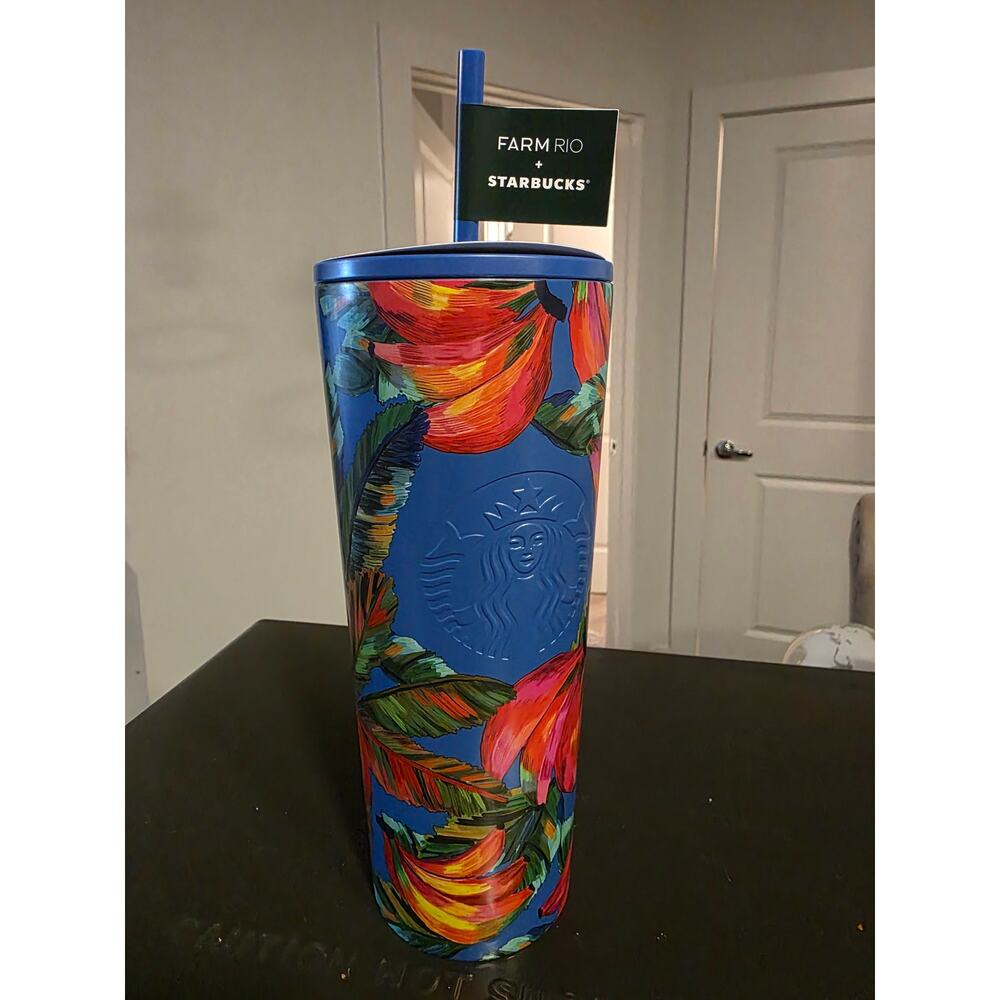 Starbucks Farm Rio Blue Straw Tumbler with Pink Bananas